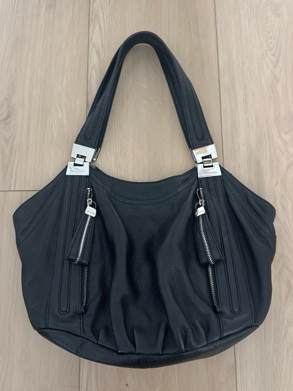b. makowsky Black Leather Shoulder Bag with Silver Hardware